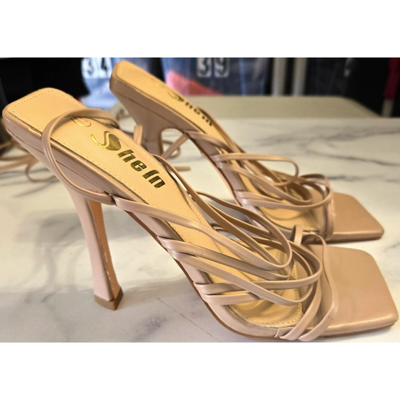 Shein Sandals Heels 7.5 Ankle Wrap Strappy Nude Sexy Square Toe Minimalist Beige - Picture 3 of 7